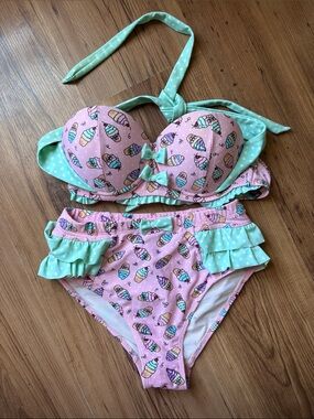 Hot Topic Pink Bikini with Mint Green Polka-Dot Accents